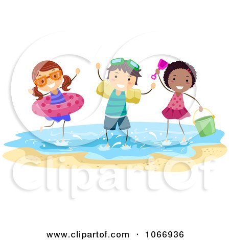 Clipart Stick Kids Playing With Floaties On The Beach - Royalty Free Vector Illustration by BNP Design Studio