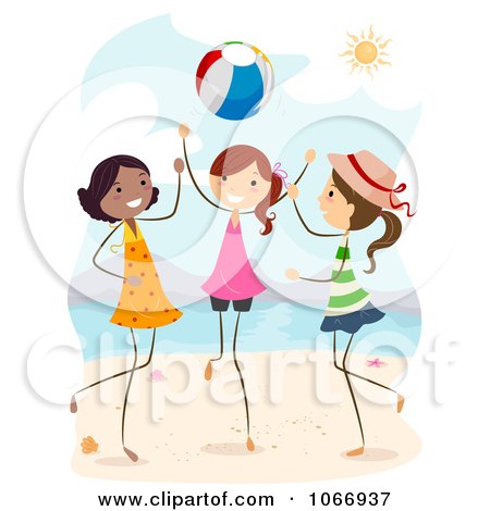 Clipart Stick Girls Playing With A Beach Ball - Royalty Free Vector Illustration by BNP Design Studio