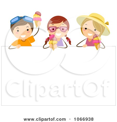 Clipart Stick Kids Eating Ice Cream Over A Sign - Royalty Free Vector Illustration by BNP Design Studio