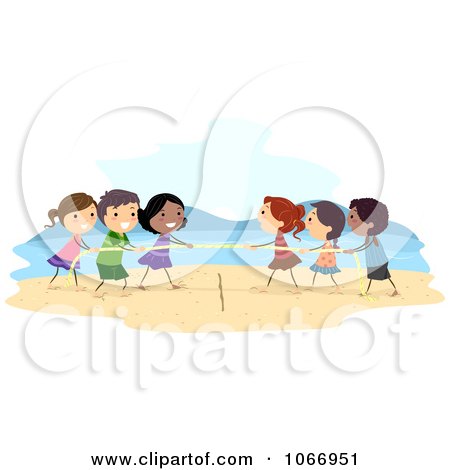 Clipart Stick Kids Playing Tug Of War On The Beach - Royalty Free Vector Illustration by BNP Design Studio