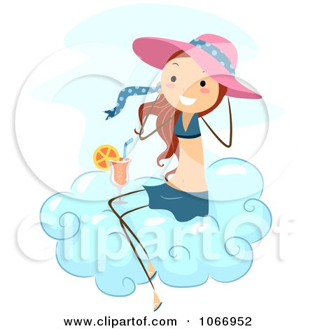 Clipart Stick Girl With A Beverage On A Cloud - Royalty Free Vector Illustration by BNP Design Studio