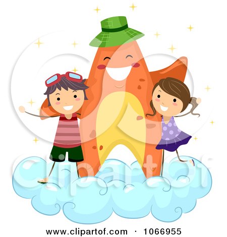 Clipart Starfish And Stick Kids On A Cloud - Royalty Free Vector Illustration by BNP Design Studio