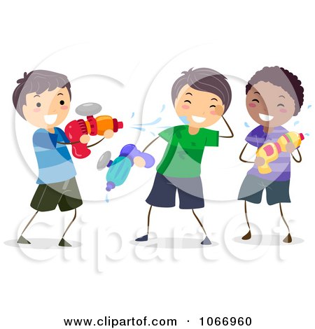 Clipart Stick Boys Playing With Squirt Guns - Royalty Free Vector Illustration by BNP Design Studio