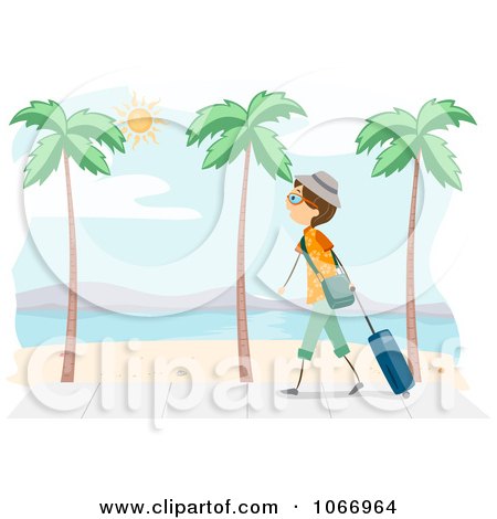 Clipart Stick Boy Walking On A Beach Boardwalk - Royalty Free Vector Illustration by BNP Design Studio