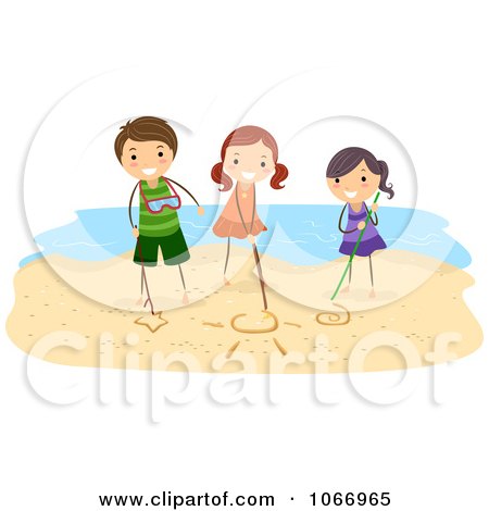Clipart Stick Kids Drawing In The Sand - Royalty Free Vector Illustration by BNP Design Studio