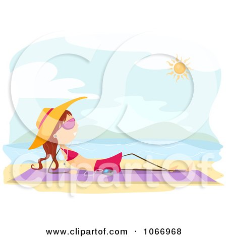 Clipart Stick Girl Listening To Music And Sun Bathing - Royalty Free Vector Illustration by BNP Design Studio