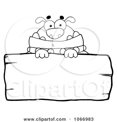 Clipart Outlined Bulldog And Wooden Sign - Royalty Free Vector Illustration by Hit Toon