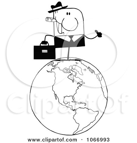 Clipart Black And White Businessman On A World Globe - Royalty Free Vector Illustration by Hit Toon
