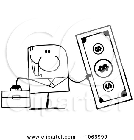 Clipart Outlined Businessman Holding Cash - Royalty Free Vector Illustration by Hit Toon