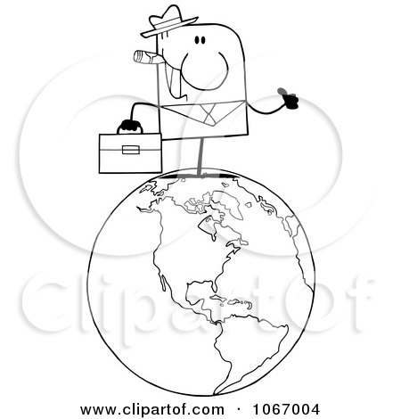 Clipart Outlined Businessman On A World Globe - Royalty Free Vector Illustration by Hit Toon