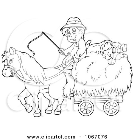Clipart Outlined Farmer With A Horse And Dog Sleeping On Hay - Royalty Free Vector Illustration by visekart