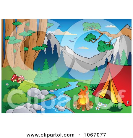 Clipart Waterfront Camp Site In The Woods - Royalty Free Vector Illustration by visekart