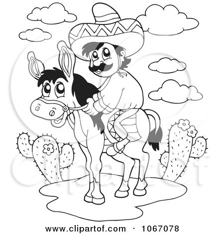 Clipart Outlined Mexican Man On A Donkey - Royalty Free Vector Illustration by visekart
