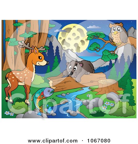 Clipart Wild Animals By A Forest Stream 2 - Royalty Free Vector Illustration by visekart