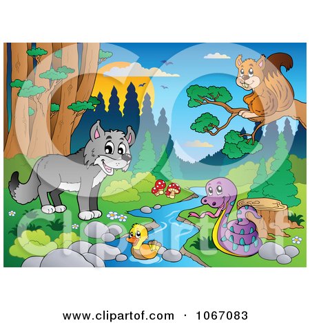 Clipart Wild Animals By A Forest Stream 5 - Royalty Free Vector Illustration by visekart