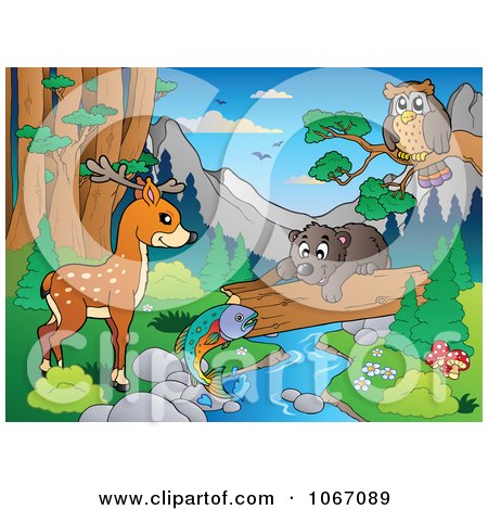 Clipart Wild Animals By A Forest Stream 1 - Royalty Free Vector Illustration by visekart