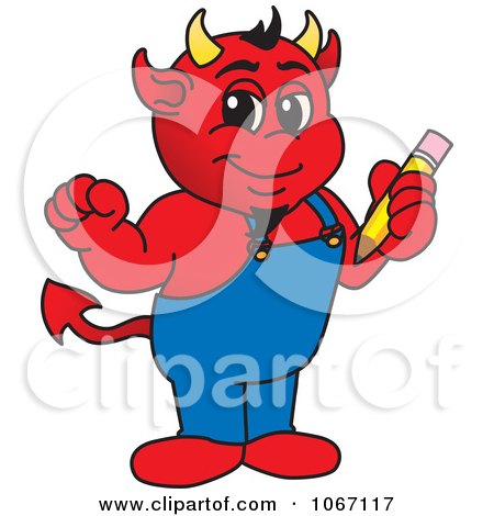 Clipart Devil Mascot Holding A Pencil - Royalty Free Vector Illustration by Mascot Junction