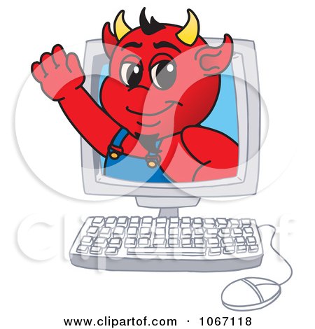 Clipart Devil Mascot On A Computer Screen - Royalty Free Vector Illustration by Mascot Junction