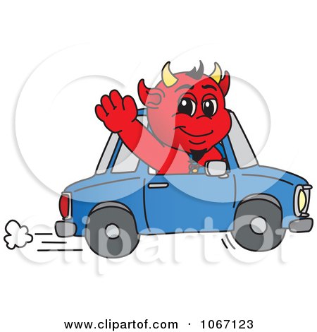 Clipart Devil Mascot Waving And Driving - Royalty Free Vector Illustration by Mascot Junction