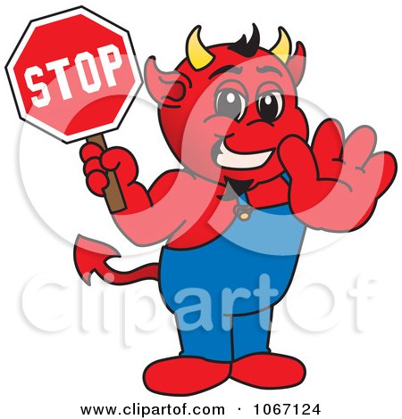 Clipart Devil Mascot Holding A Stop Sign - Royalty Free Vector Illustration by Mascot Junction