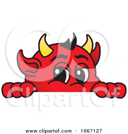 Clipart Devil Mascot Looking Over A Blank Sign - Royalty Free Vector Illustration by Mascot Junction