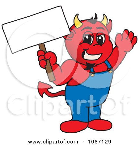 Clipart Devil Mascot Holding A Blank Sign - Royalty Free Vector Illustration by Mascot Junction