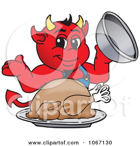 Clipart Devil Mascot Serving Thanksgiving Turkey - Royalty Free Vector Illustration by Mascot Junction