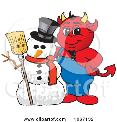 Clipart Devil Mascot With A Christmas Snowman - Royalty Free Vector Illustration by Mascot Junction