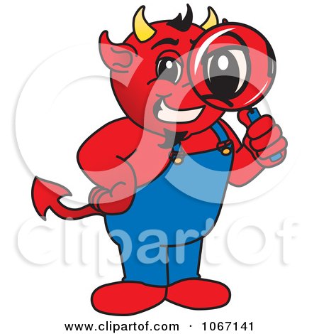 Clipart Devil Mascot Inspecting - Royalty Free Vector Illustration by Mascot Junction