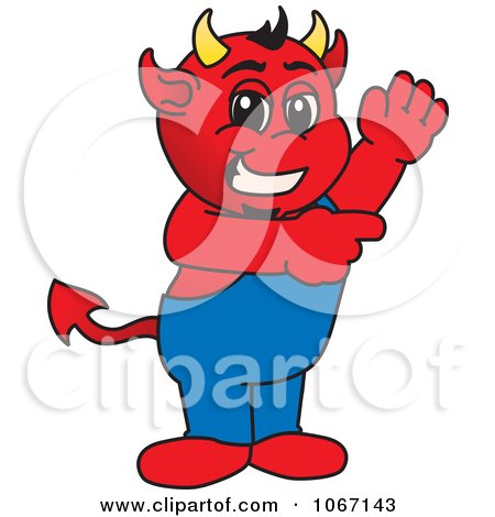 Clipart Devil Mascot Waving And Pointing - Royalty Free Vector Illustration by Mascot Junction