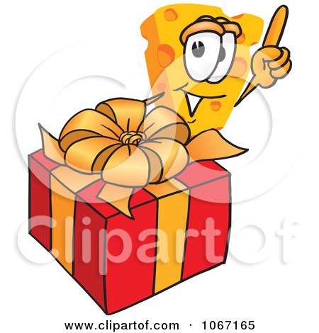 Clipart Cheese Mascot With A Christmas Gift - Royalty Free Vector Illustration by Mascot Junction