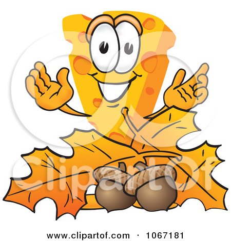 Clipart Cheese Mascot With Autumn Leaves And Acorns - Royalty Free Vector Illustration by Mascot Junction