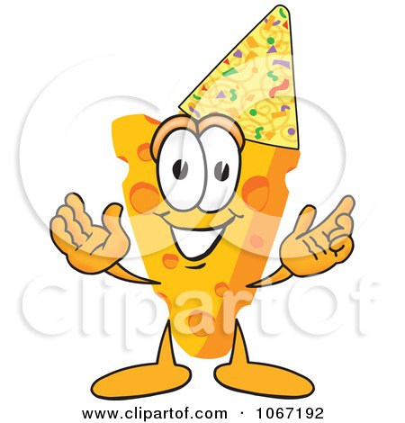 Clipart Cheese Mascot Wearing A Party Hat - Royalty Free Vector Illustration by Mascot Junction
