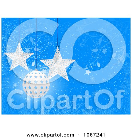 Clipart Christmas Star And Bauble Ornaments Over Blue Snowflakes - Royalty Free Vector Illustration by elaineitalia