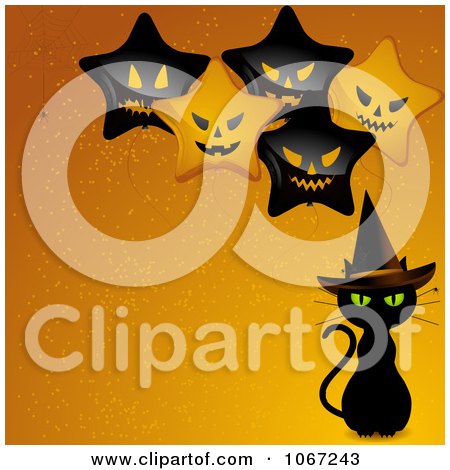 Clipart Halloween Party Background With Balloons And A Cat - Royalty Free Vector Illustration by elaineitalia