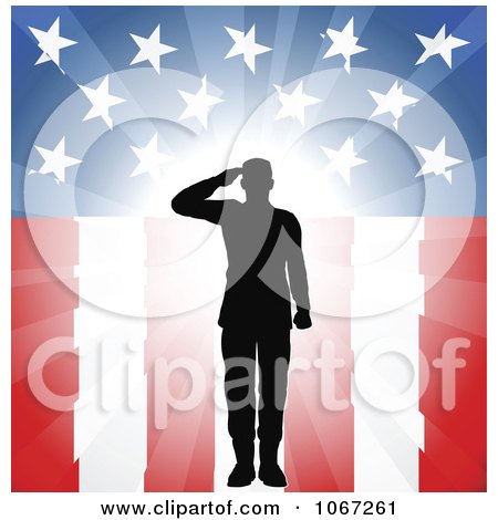 Clipart Silhouetted Military Soldier Saluting Over American Flag - Royalty Free Vector Illustration by AtStockIllustration