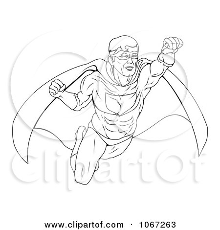 Clipart Outlined Super Hero In Flight - Royalty Free Vector Illustration by AtStockIllustration