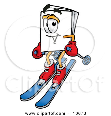 Clipart Picture of a Paper Mascot Cartoon Character Skiing Downhill by Mascot Junction