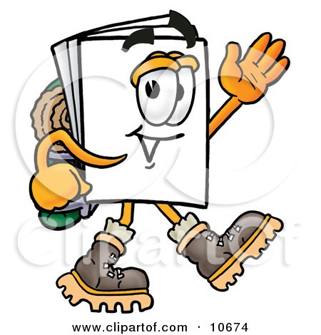Clipart Picture of a Paper Mascot Cartoon Character Hiking and Carrying a Backpack by Mascot Junction