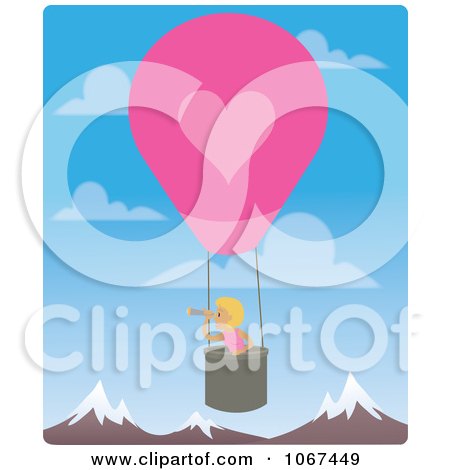 Clipart Girl In A Hot Air Balloon, Looking Out Over Mountains 1 - Royalty Free Vector Illustration by Rosie Piter