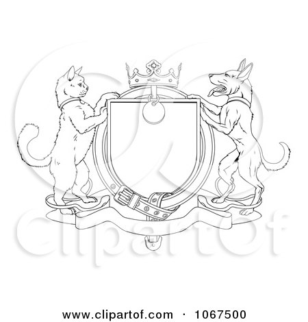 Clipart Outlined Cat And Dog Heraldic Coat Of Arms Shield - Royalty Free Vector Illustration by AtStockIllustration
