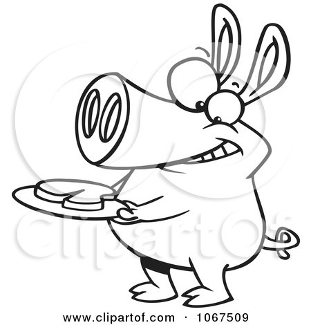 Clipart Outlined Pig With Meat On A Plate - Royalty Free Vector Illustration by toonaday