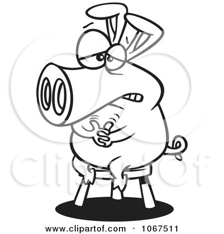 Clipart Outlined Pig Sitting On A Stool - Royalty Free Vector Illustration by toonaday