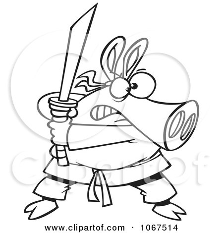 Clipart Outlined Ninja Pig With Sword - Royalty Free Vector Illustration by toonaday