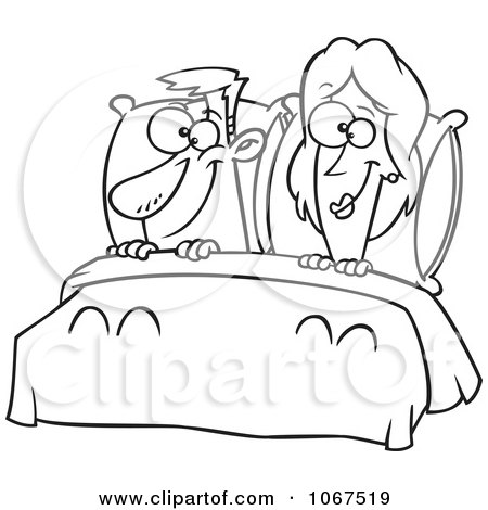 Clipart Outlined Happy Couple In Bed - Royalty Free Vector Illustration by toonaday