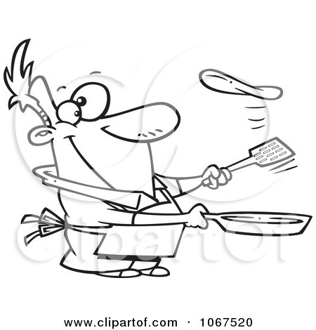 Clipart Outlined Man Flipping A Flapjack - Royalty Free Vector Illustration by toonaday