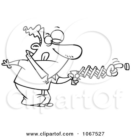 Clipart Outlined Man Using A Spring Hand To Push A Button - Royalty Free Vector Illustration by toonaday
