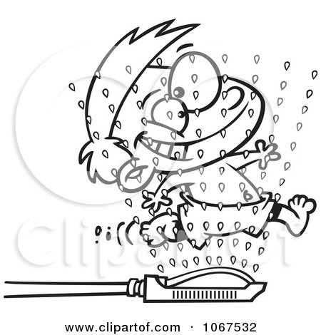 Clipart Outlined Boy Running Through Sprinklers - Royalty Free Vector Illustration by toonaday