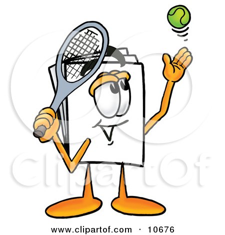 Clipart Picture of a Paper Mascot Cartoon Character Preparing to Hit a Tennis Ball by Mascot Junction