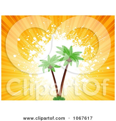 Clipart 3d Palm Trees Over Grunge And Rays - Royalty Free Vector Illustration by KJ Pargeter